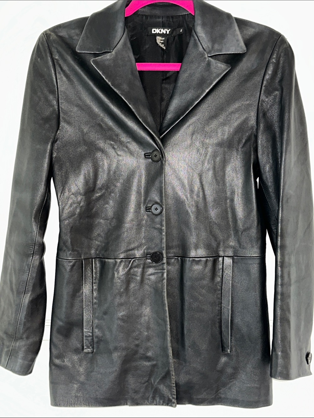 DKNY Black Leather Blazer Jacket with Notch Collar